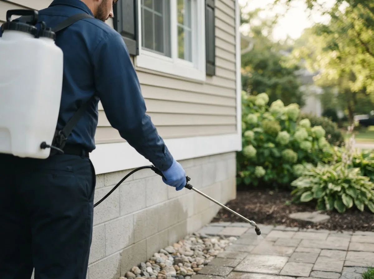 Pest control technician inspecting a home in Waterville, NY
